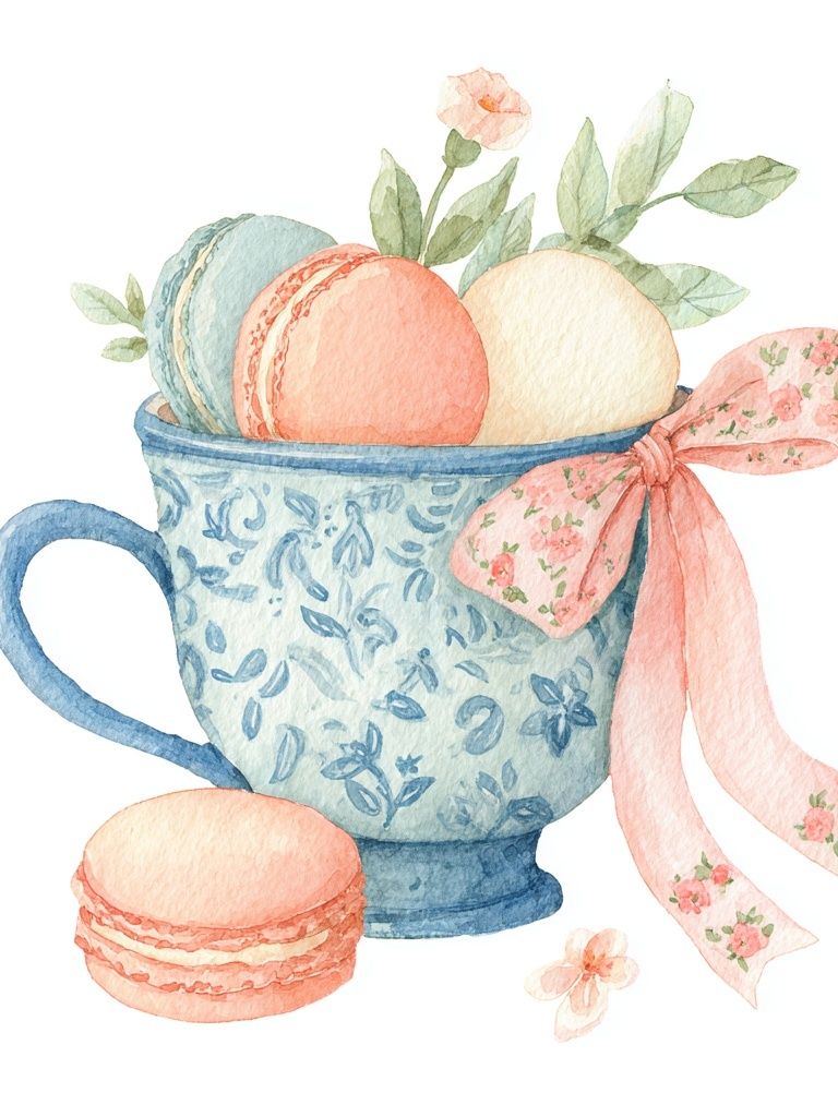 Macarons in Floral Cup — Watercolor Print. poster detail