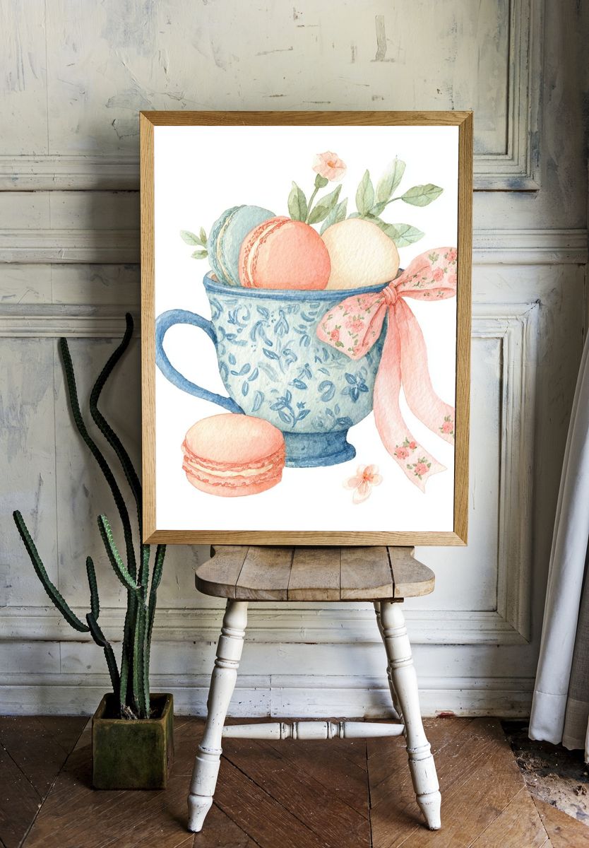 Macarons in Floral Cup — Watercolor Print. — room view 1