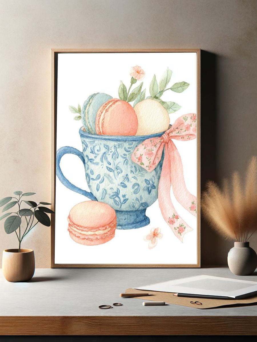Macarons in Floral Cup — Watercolor Print. — room view 2