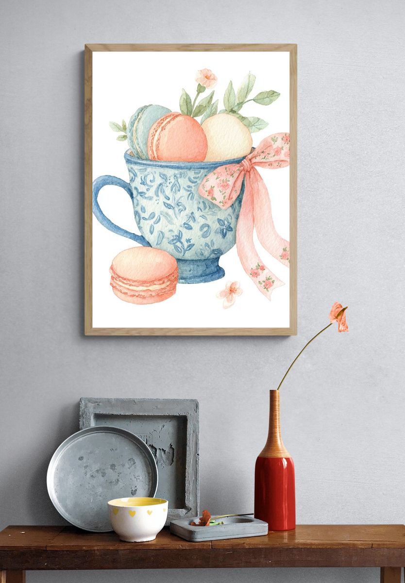 Macarons in Floral Cup — Watercolor Print. — room view 3