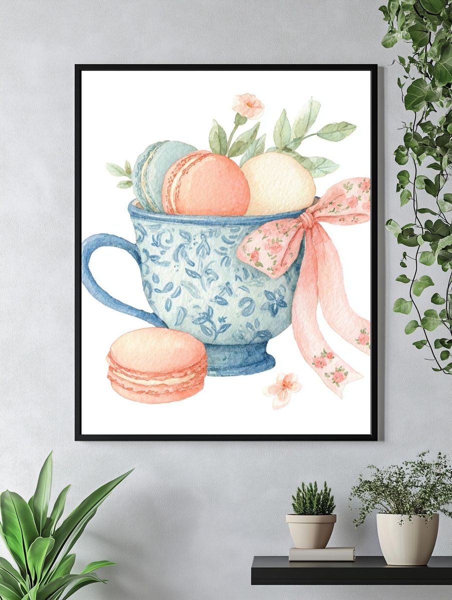Macarons in Floral Cup — Watercolor Print. — room view 4