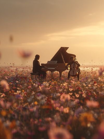 Musicians in a Flower Field — Photography Print. poster print