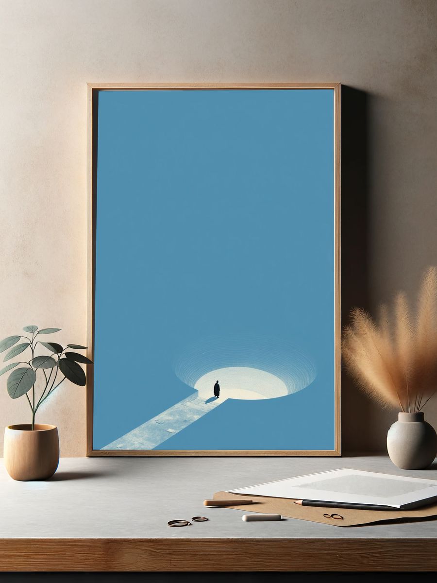 Solitary Figure in Blue — Minimalist Print. — room view 2