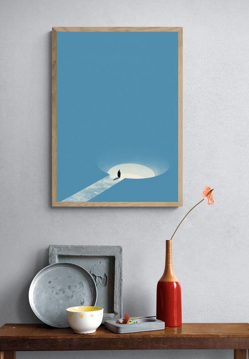 Solitary Figure in Blue — Minimalist Print. — room view 3