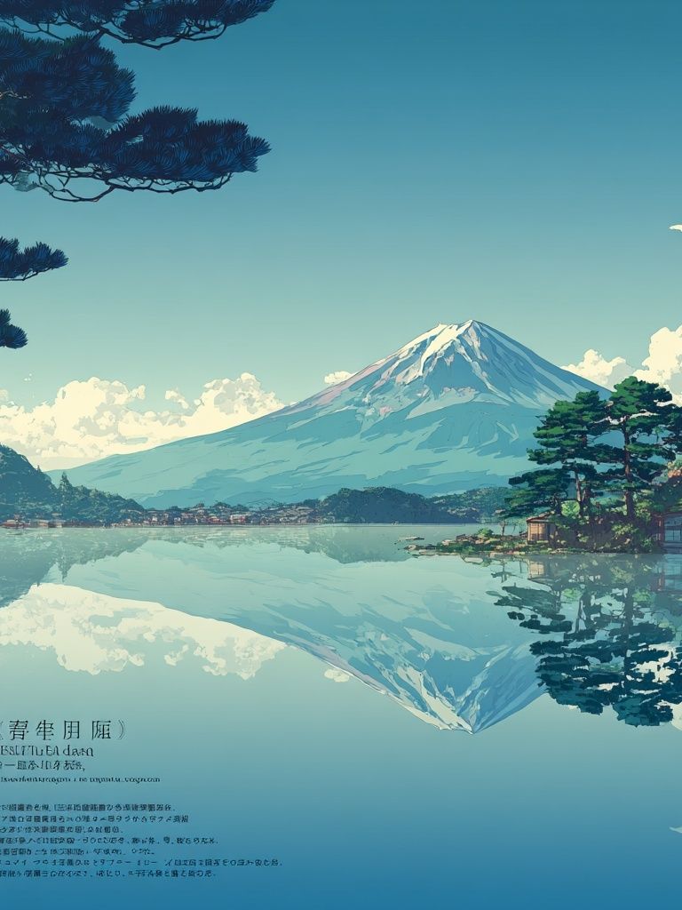 Mount Fuji Lake Reflection Illustration Poster. poster detail