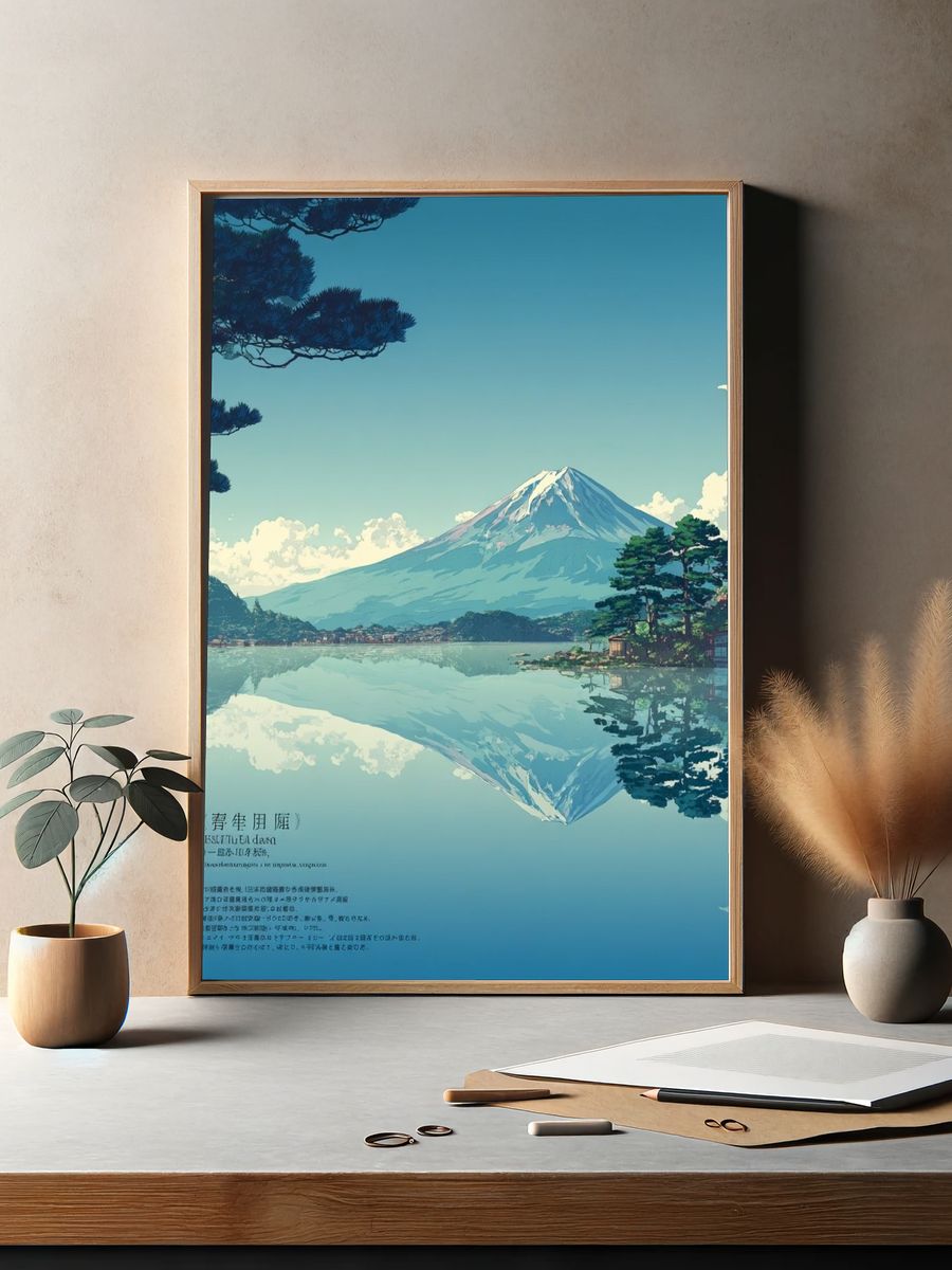 Mount Fuji Lake Reflection Illustration Poster. — room view 2