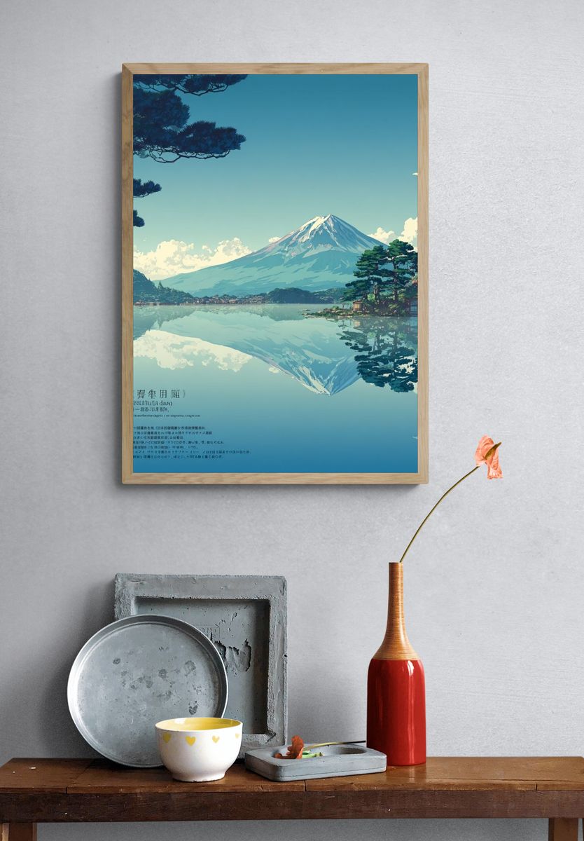 Mount Fuji Lake Reflection Illustration Poster. — room view 3