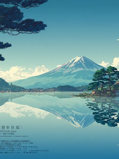 Mount Fuji Lake Reflection Illustration Poster. poster print