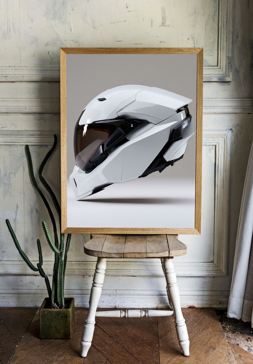 Futuristic Motorcycle Helmet Photography Poster. — room view 1