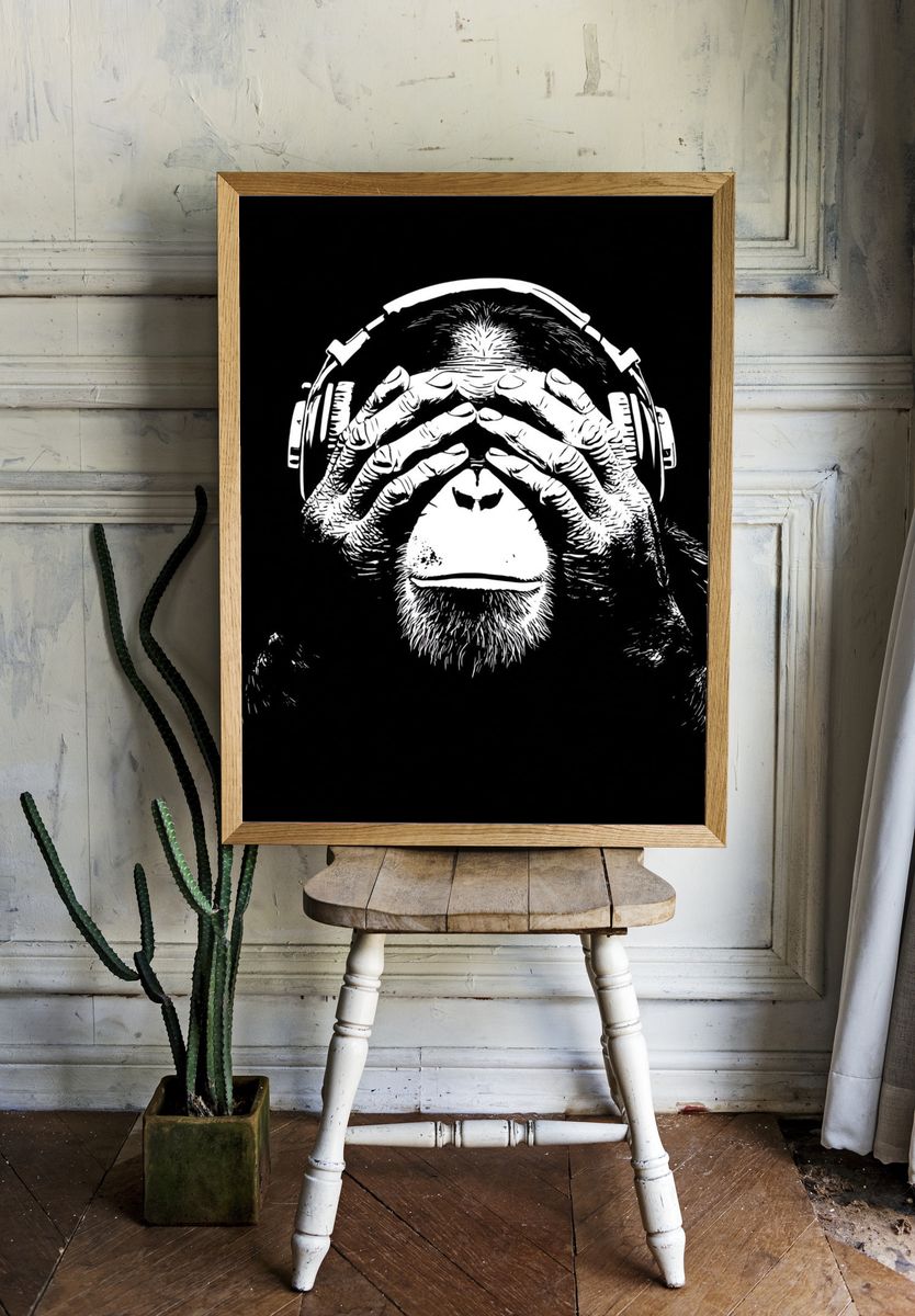 Monkey with Headphones — Illustration Print. — room view 1