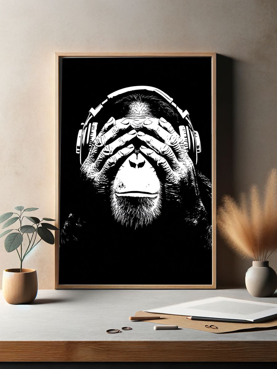 Monkey with Headphones — Illustration Print. — room view 2