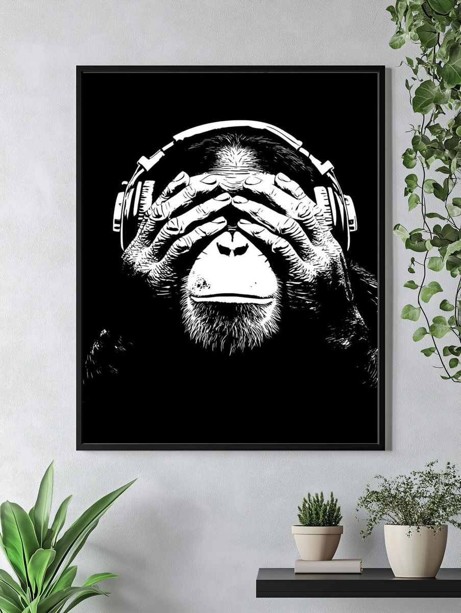 Monkey with Headphones — Illustration Print. — room view 4
