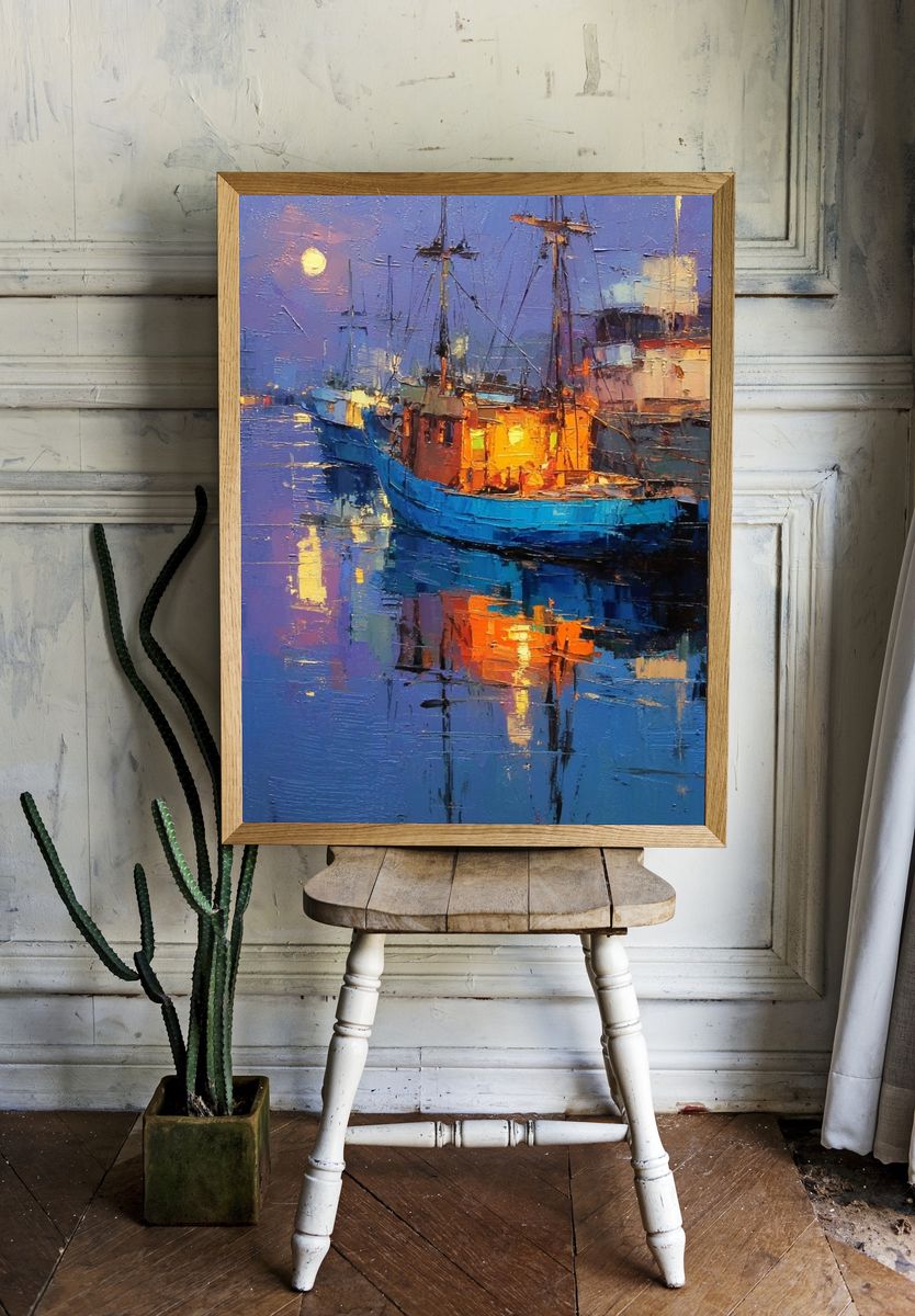 Moonlit Harbor — Fine Art Print. — room view 1