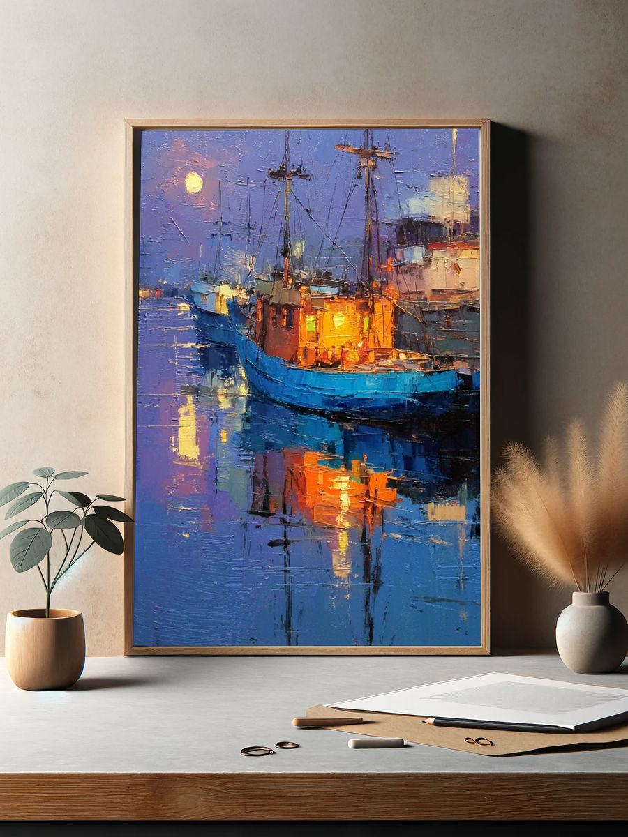 Moonlit Harbor — Fine Art Print. — room view 2