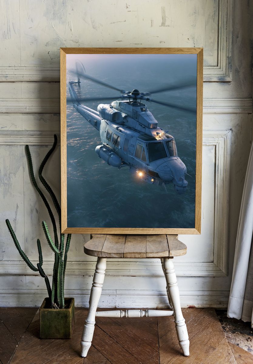 Military Helicopter Over Sea Print. room preview