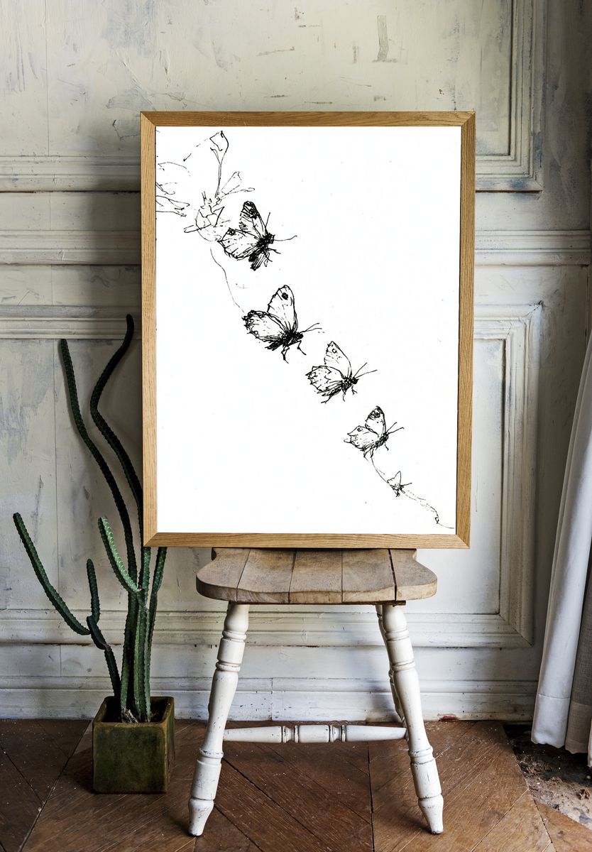 Butterfly Sketch Minimalist Print. room preview