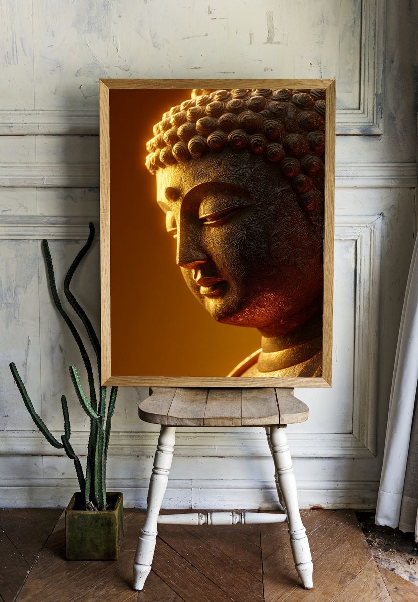 Golden Buddha Portrait Print. room preview