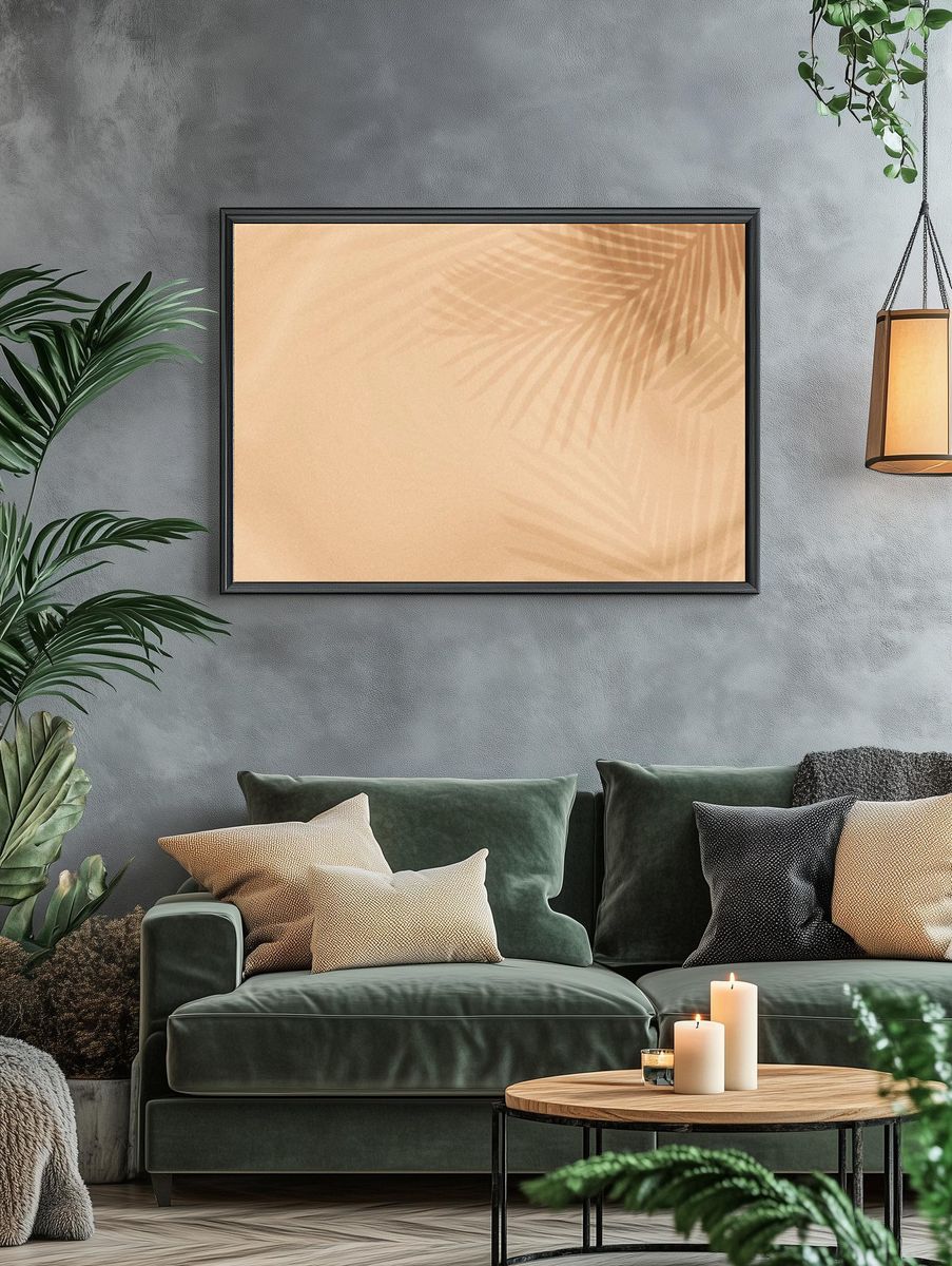 Palm leaves shadow beige background. — room view 4