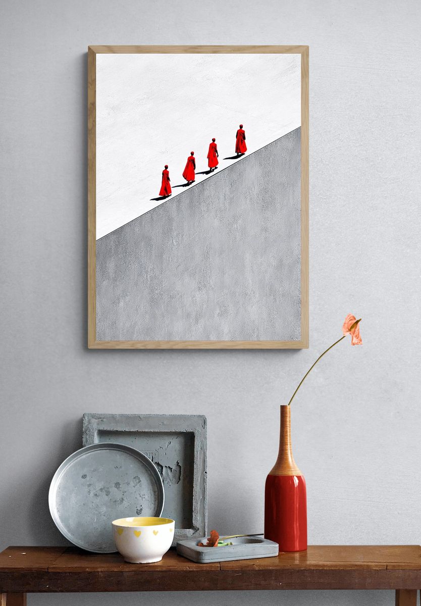 Red Cloaked Figures Minimalist Print. — room view 3