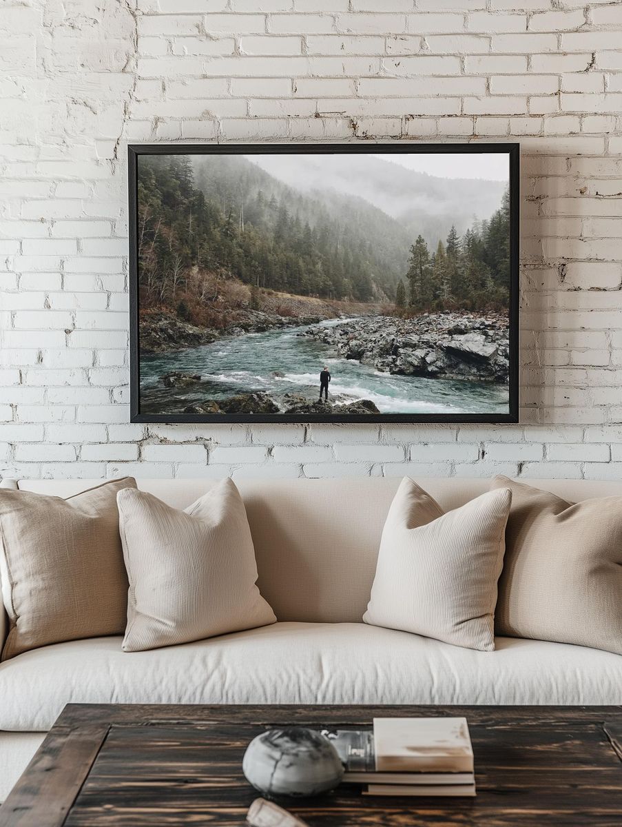 man standing jagged rocks fast-flowing. — room view 1