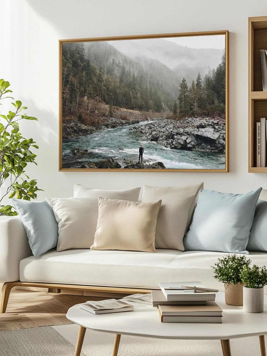 man standing jagged rocks fast-flowing. — room view 2