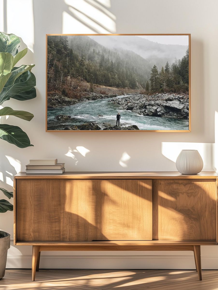 man standing jagged rocks fast-flowing. — room view 3