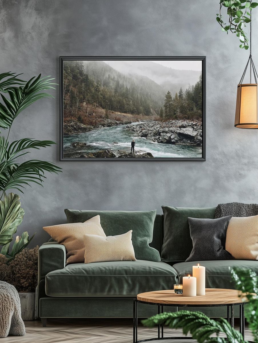 man standing jagged rocks fast-flowing. — room view 4