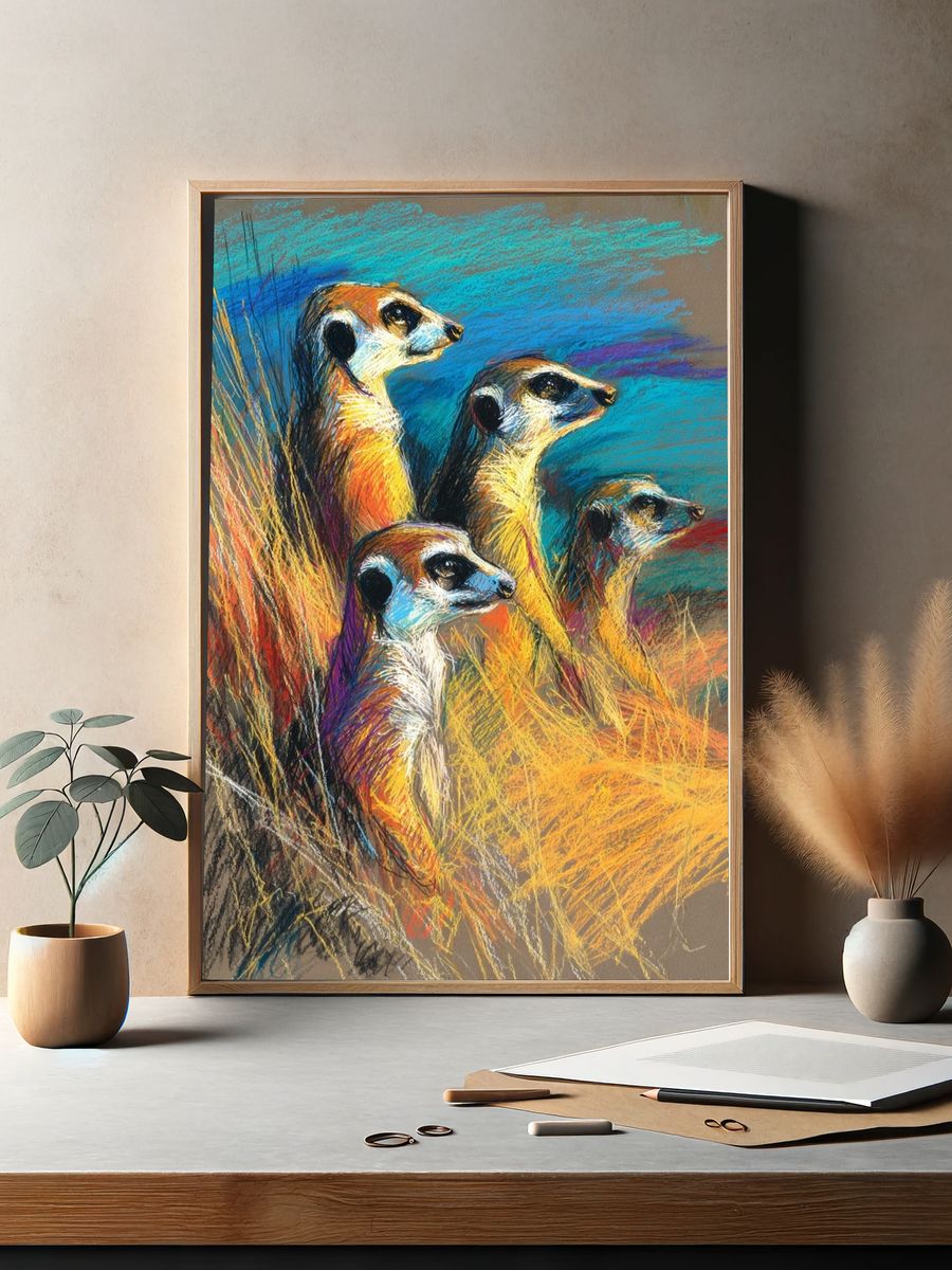 Meerkats in Colorful Landscape Poster. — room view 2