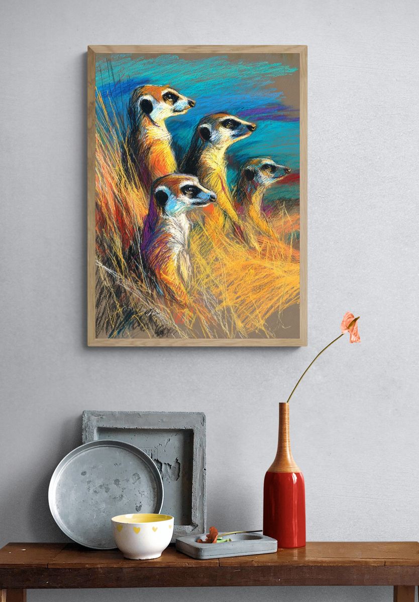 Meerkats in Colorful Landscape Poster. — room view 3