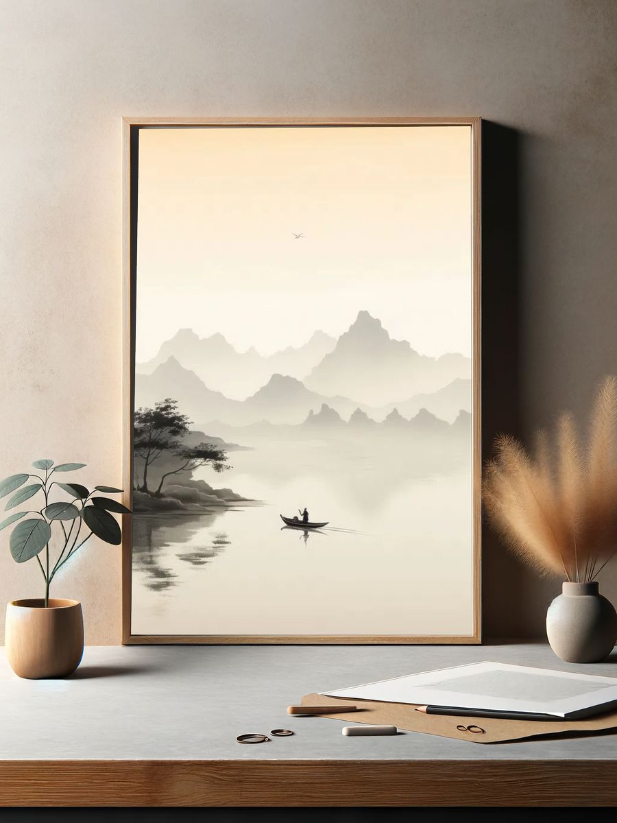 Serene Mountain Lake — Minimalist Print. — room view 2