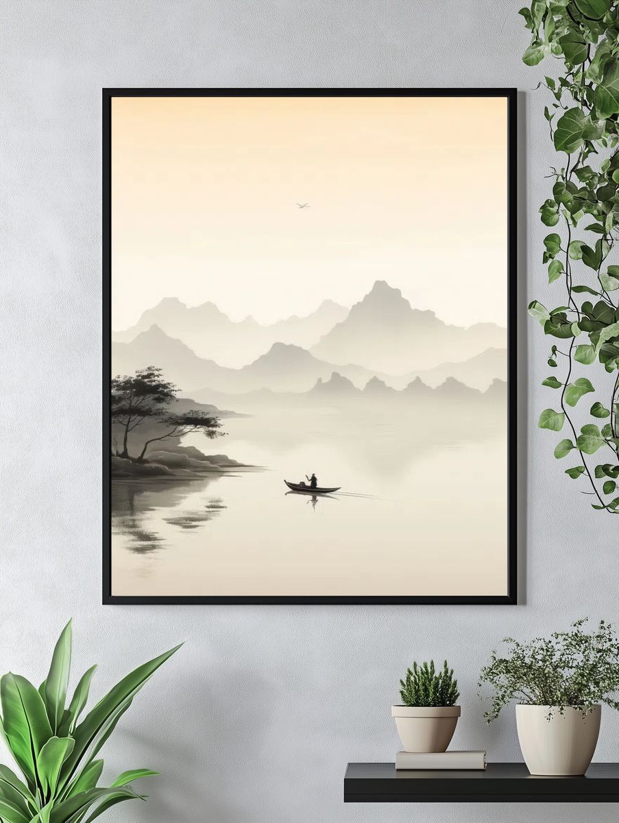 Serene Mountain Lake — Minimalist Print. — room view 4