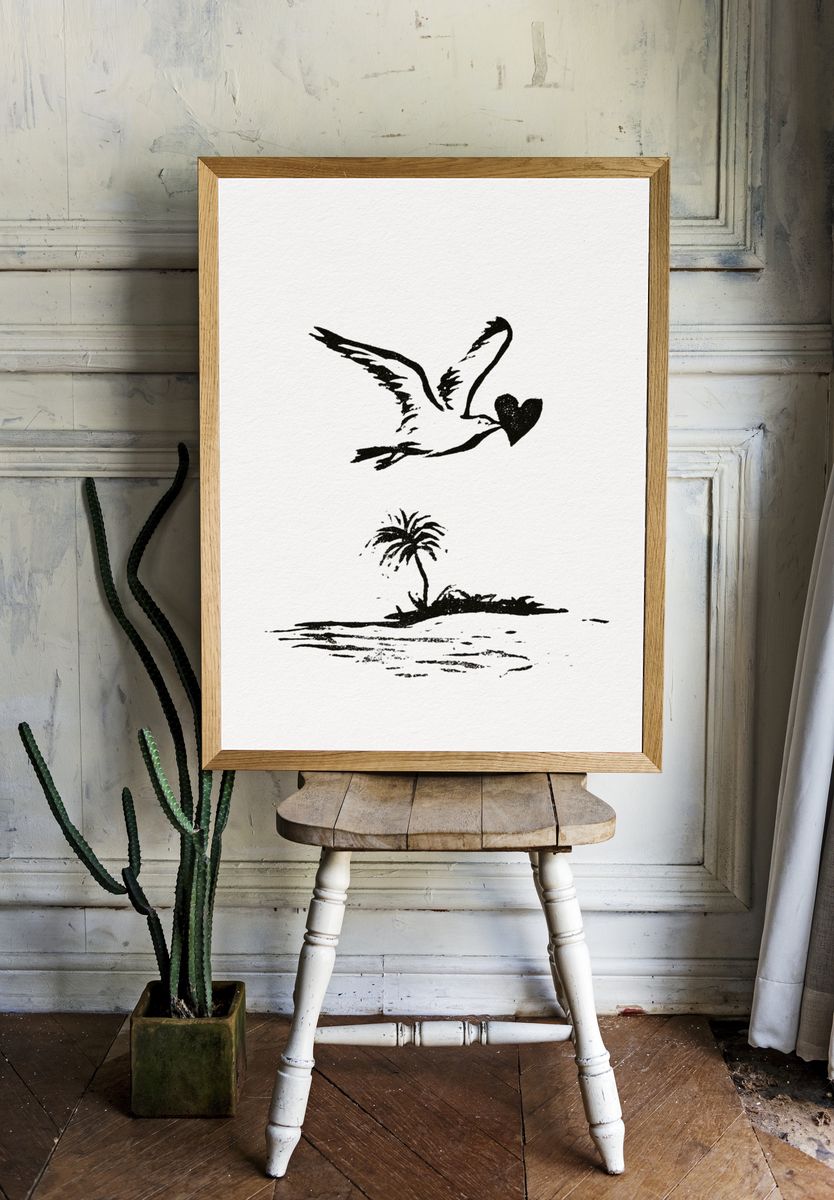 Love Bird Island Minimalist Print. room preview