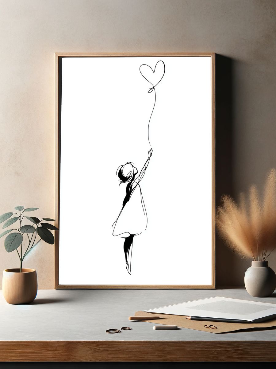 Girl with Heart Balloon — Minimalist Print. — room view 2