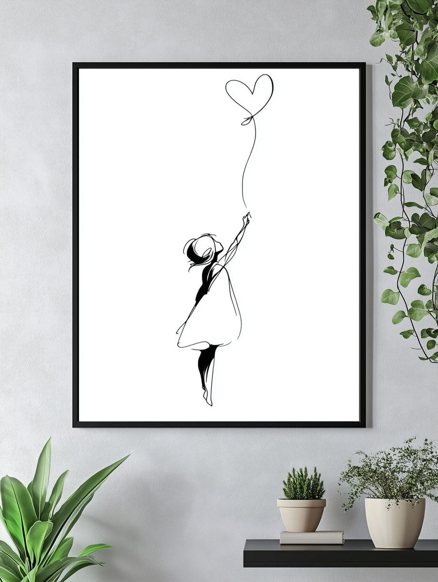 Girl with Heart Balloon — Minimalist Print. — room view 4