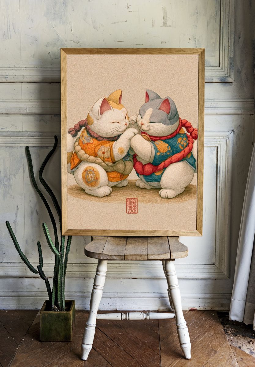Maneki Neko Cats Illustration Poster. — room view 1