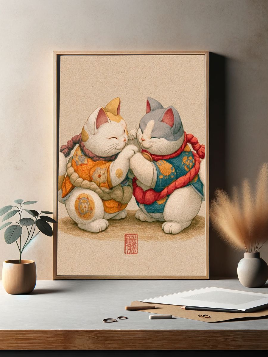 Maneki Neko Cats Illustration Poster. — room view 2