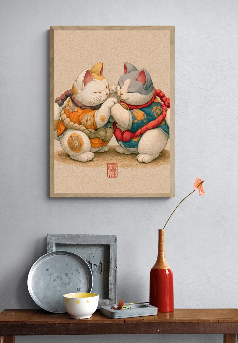 Maneki Neko Cats Illustration Poster. — room view 3