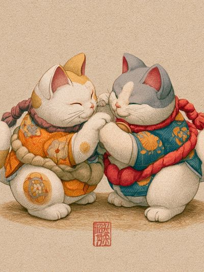 Maneki Neko Cats Illustration Poster.
