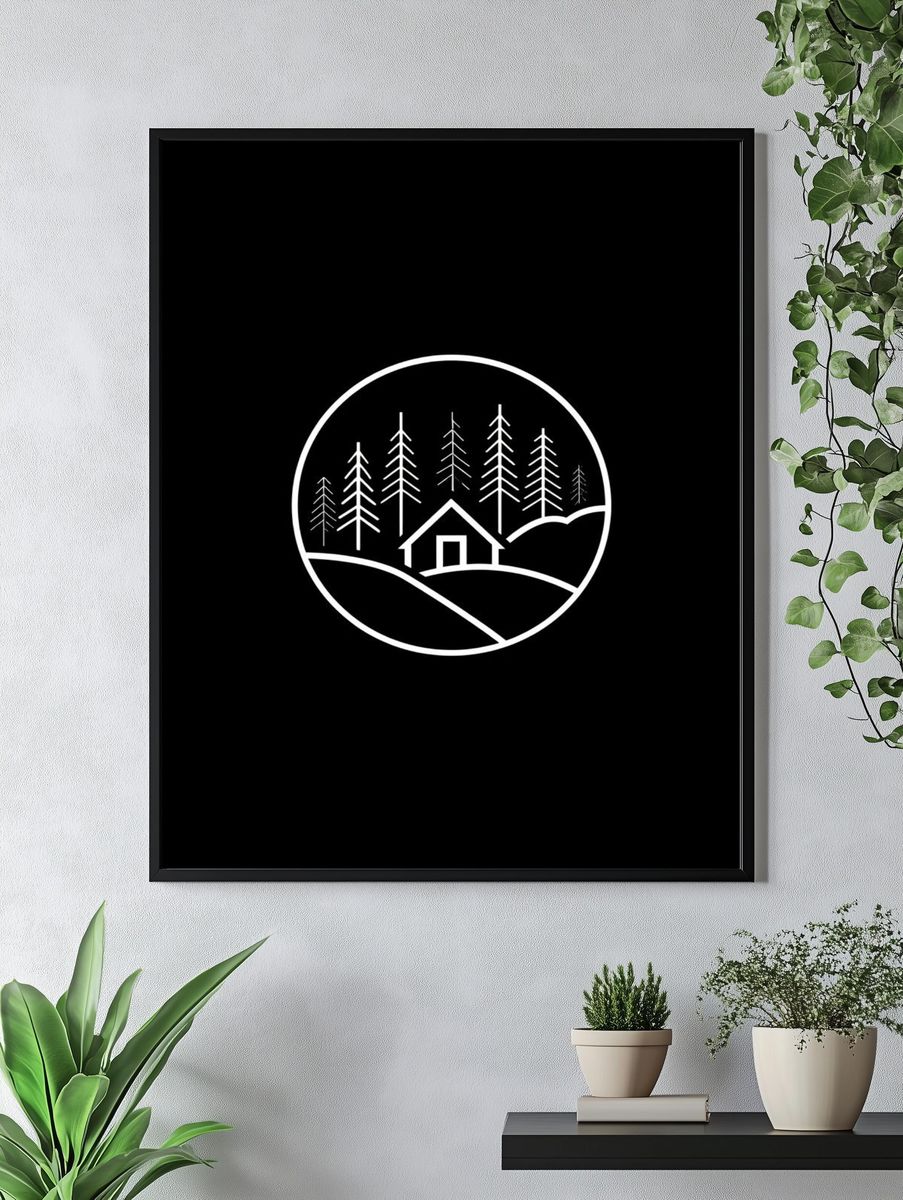 Minimal Forest Cabin Line Art Poster. — room view 4