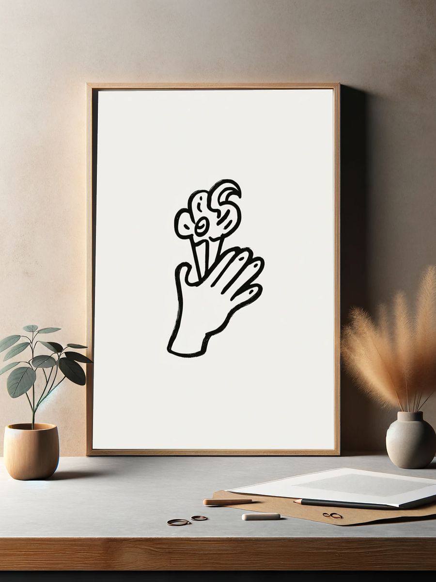 Hand Holding Flower Line-Art Poster. — room view 2