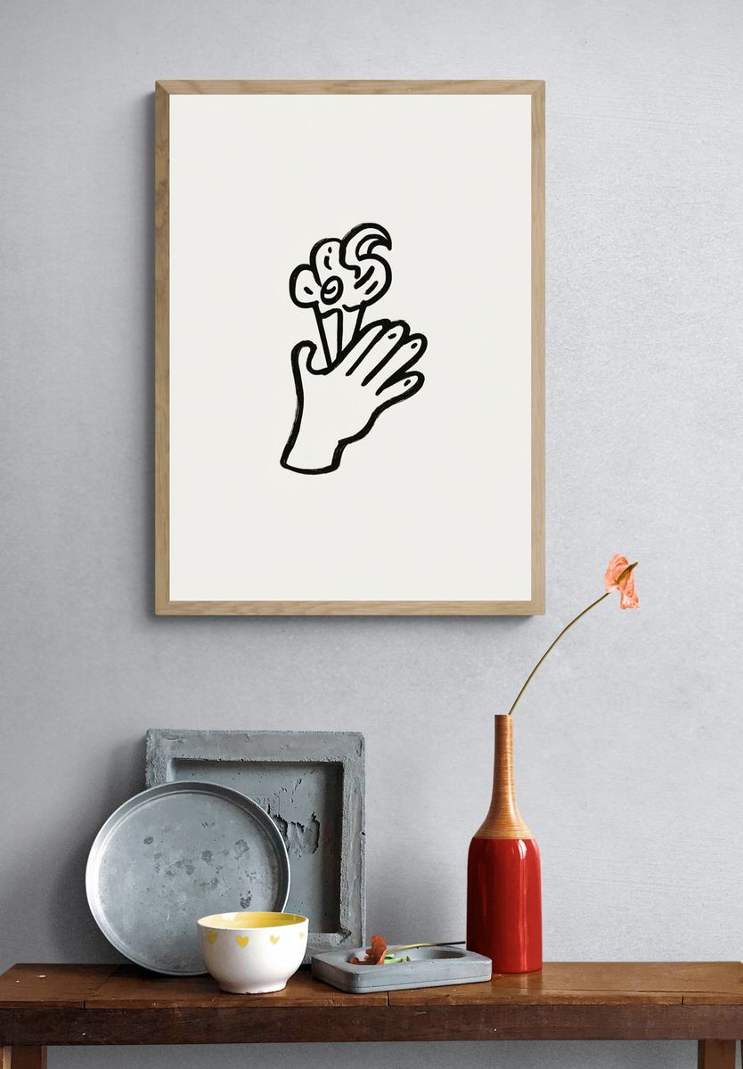 Hand Holding Flower Line-Art Poster. — room view 3
