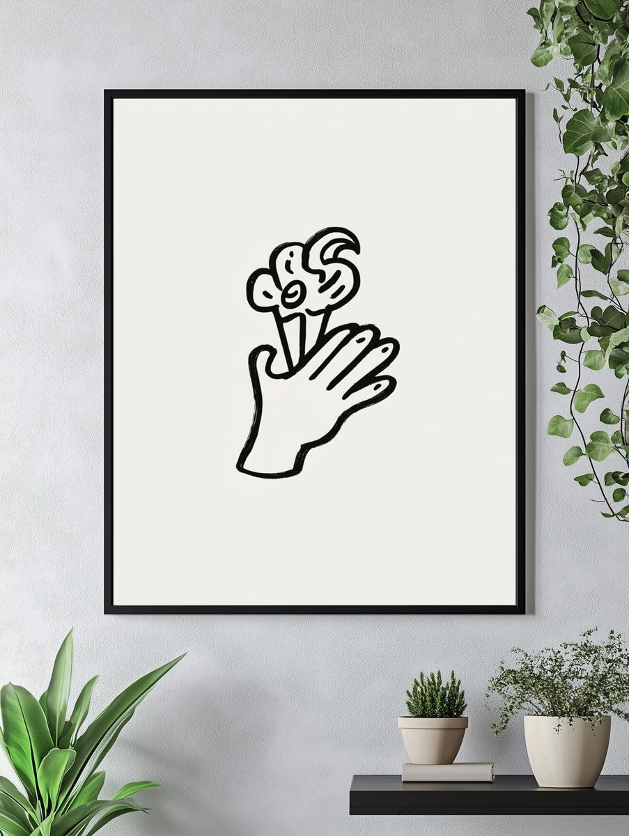 Hand Holding Flower Line-Art Poster. — room view 4