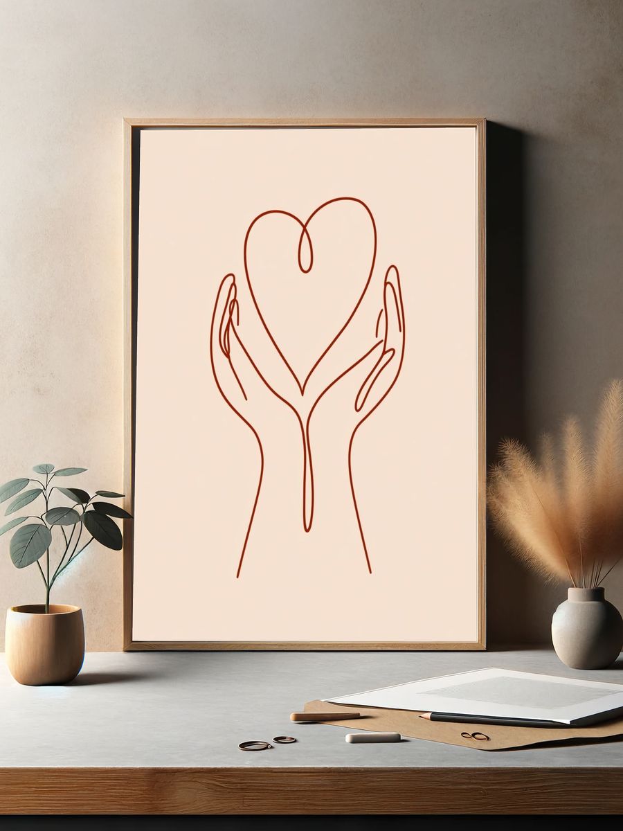 Hands Holding Heart Line Art Poster. — room view 2