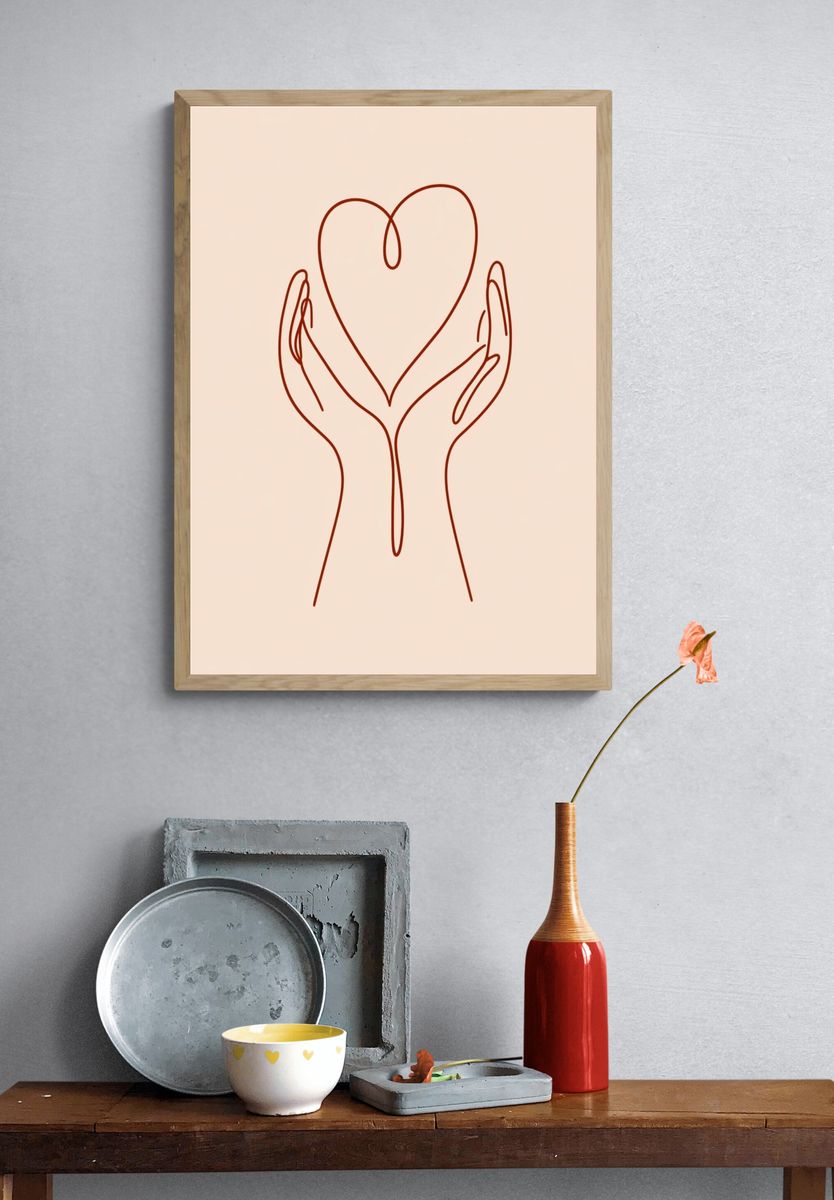 Hands Holding Heart Line Art Poster. — room view 3