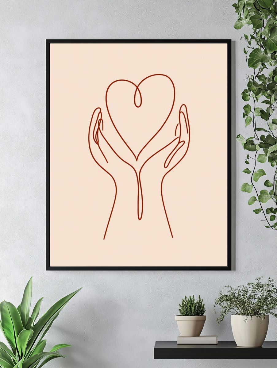 Hands Holding Heart Line Art Poster. — room view 4