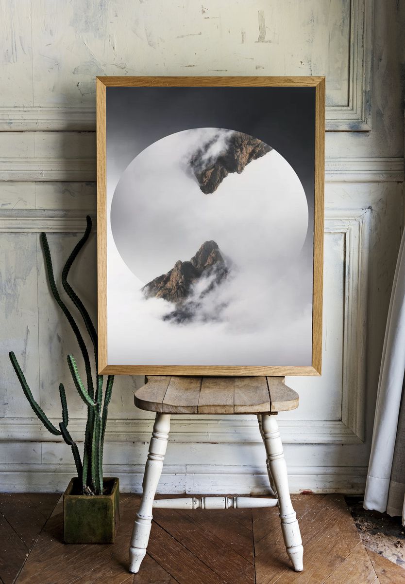 Mountain Peaks in Fog — Minimalist Print room preview