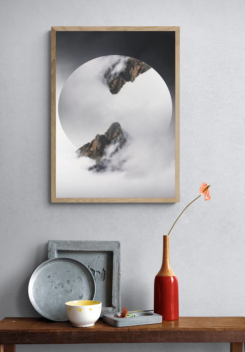 Mountain Peaks in Fog — Minimalist Print. — room view 3