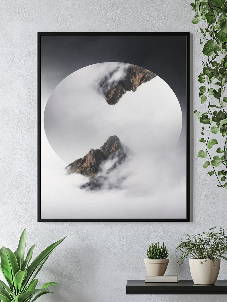 Mountain Peaks in Fog — Minimalist Print. — room view 4