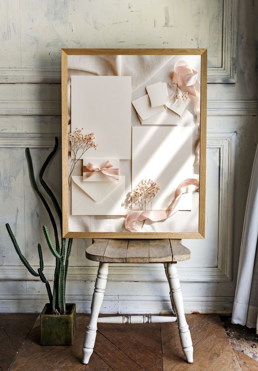 Soft Blush Stationery Still Life Poster. — room view 1