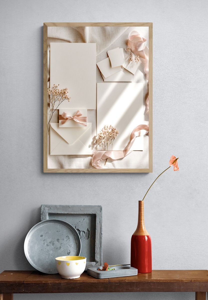 Soft Blush Stationery Still Life Poster. — room view 3